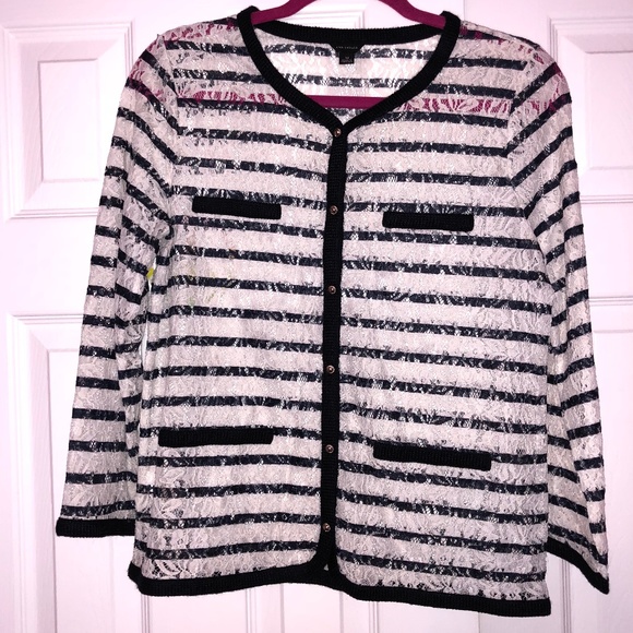 Ann Taylor Black & White Stripe Cardigan Lace Sz M medium - Picture 1 of 5